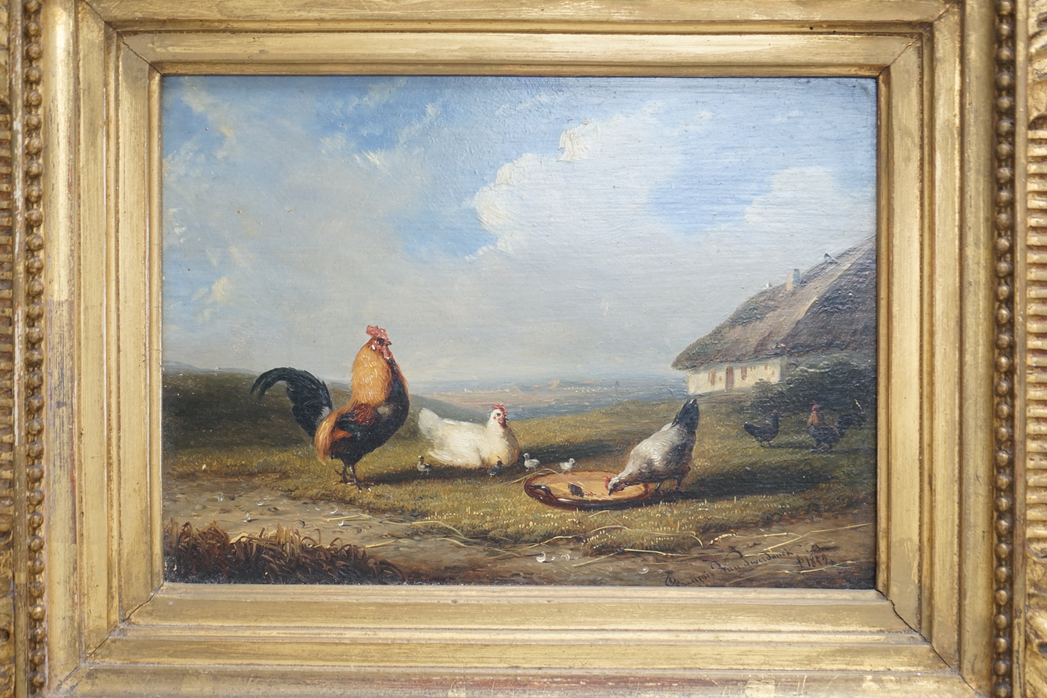 Frans Van Severdonck (Belgian, 1809-1899), oil on board, farmyard scene with poultry, signed and dated lower right 1852, 13 x 18cm